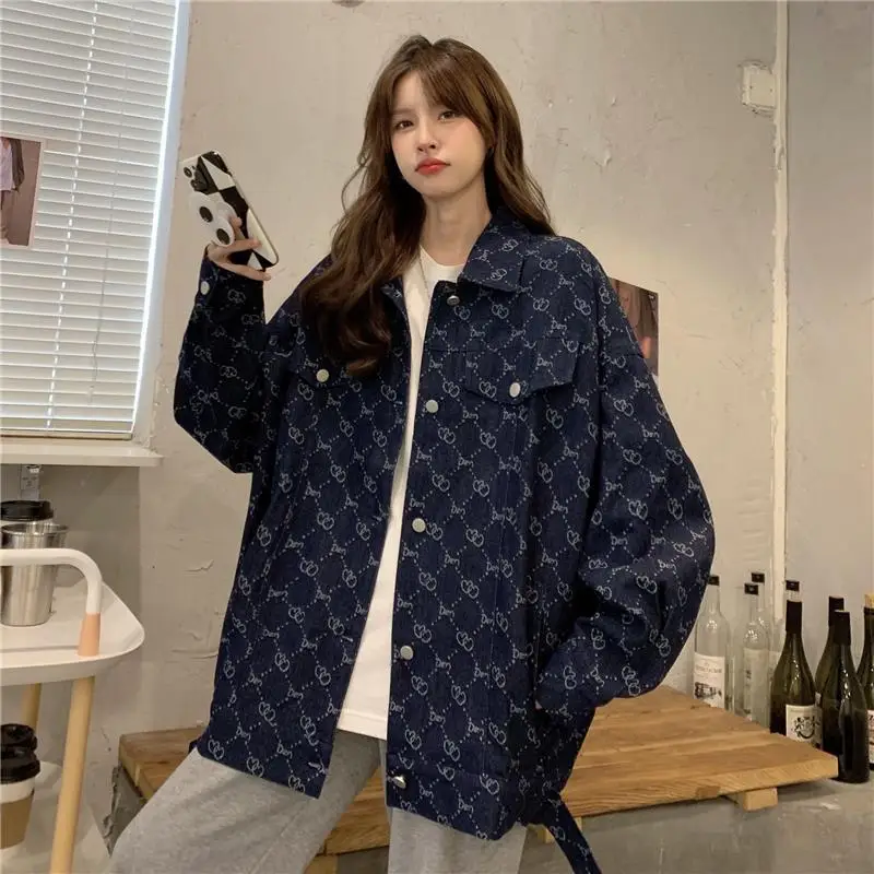 Luxury Brand High-end Denim Jackets Spring Autumn Cowboy Coat Women Vintage Print Long Sleeve Tops Streetwear Loose Design Trend