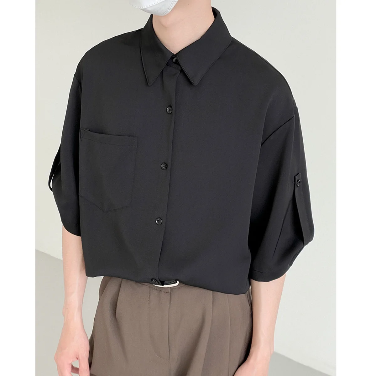 

Summer Casual Men's Short Sleeve Shirt Loose Fit Five-Quarter Length Pure Color Korean Trend Light Maturity Design Sense