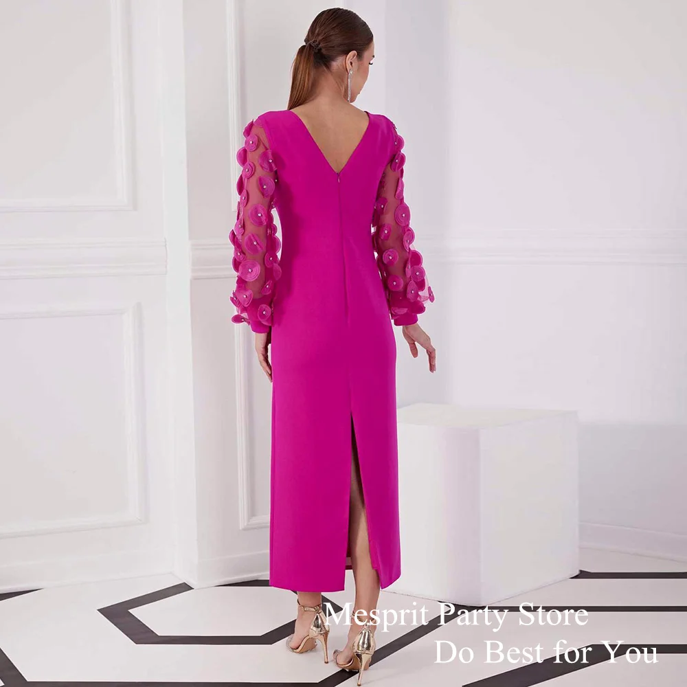 Mesprit Fuchsia Evening Dresses for Woman Long Sleeve Pearl Flowers Arabic Prom Gown for Dancing فساتين للمناسبات الرسمية