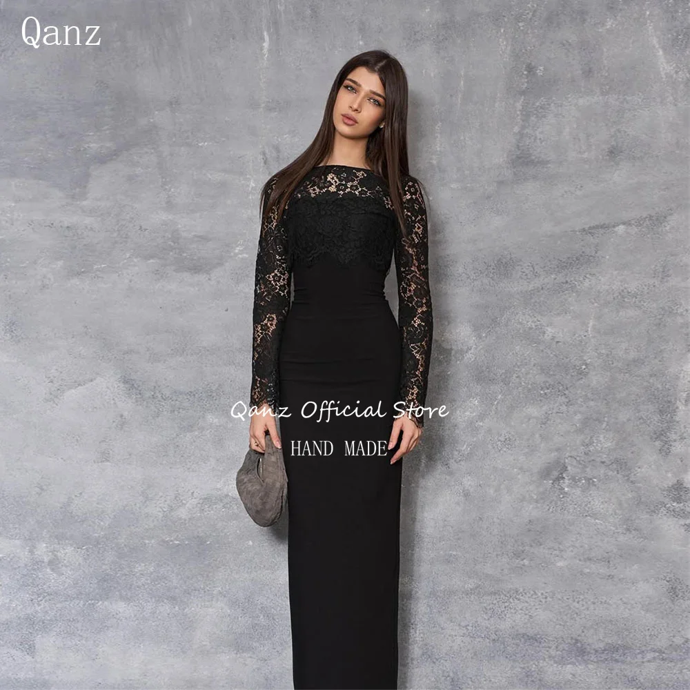

Qanz Formal Occasion Dresses Long Sleeves Lace Black Dubai Evening Dress Women Mermaid Satin Robes De Soirée Customized
