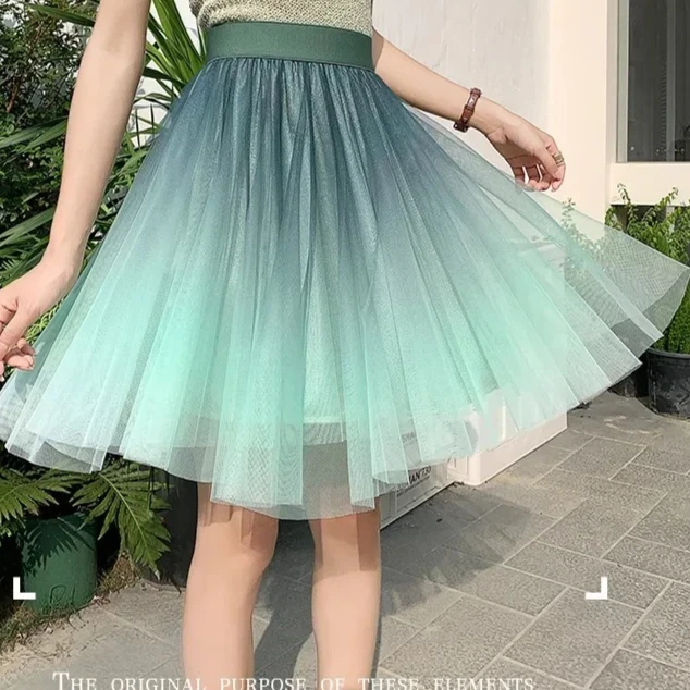 Gradient Mesh Short Skirts Women Summer High Waist A-line Mini Mesh Skirts Women Fluffy Umbrella Skirt