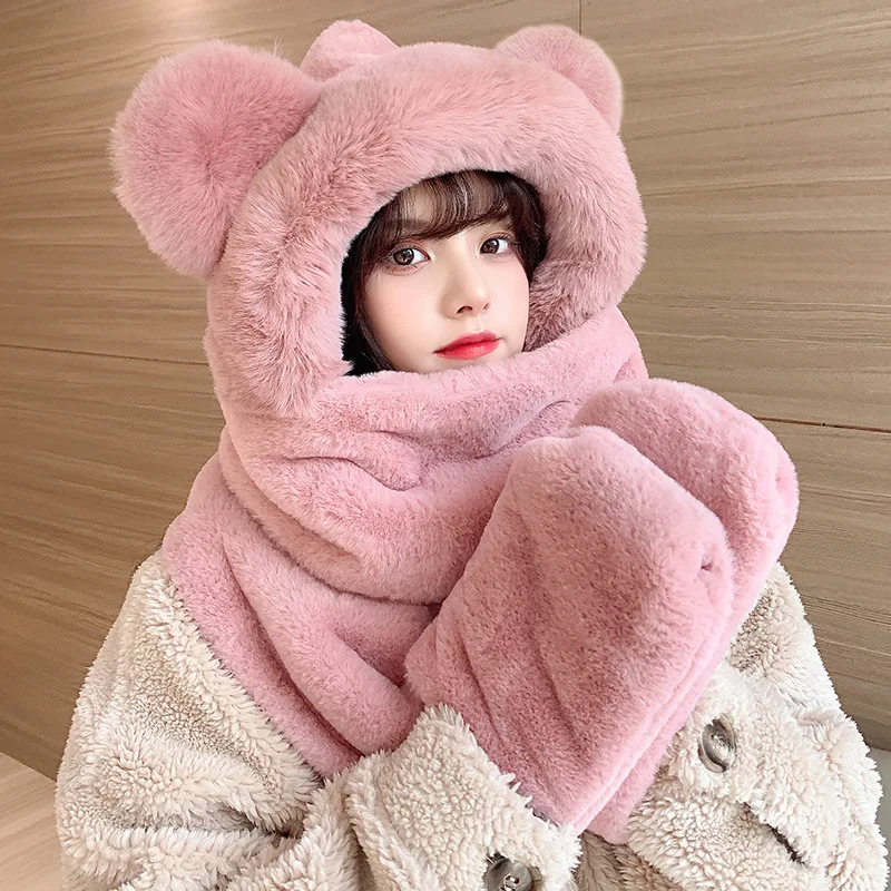 3PCSBear Hat Autumn and Winter Women Scarf Gloves one Winter Bib Cartoon Cute Warm Plush Winter Three-Piece Set