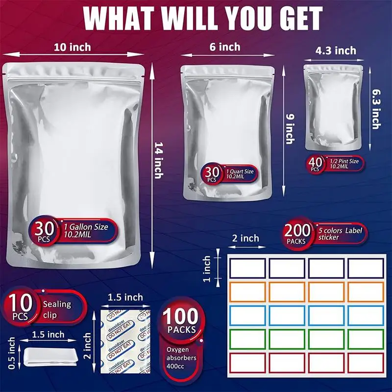 Mylar Bags Kit Mylar Bags With 100x400CC Oxygen Absorbers 3 Layers Thicken Resealable Zipper Pouches Heat Sealable Packaging