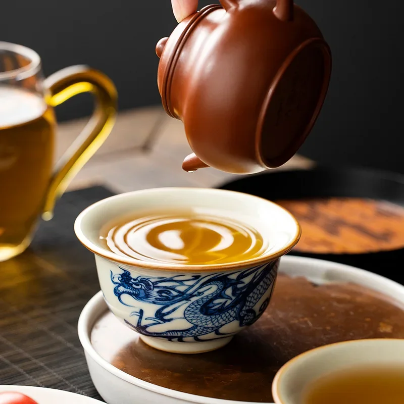 100ml Ru Kiln Blue And White Dragon Patterned Tea Cup Ceramic Pressed Hand Cup Personal Use High-end Opening Kungfu Tea Set