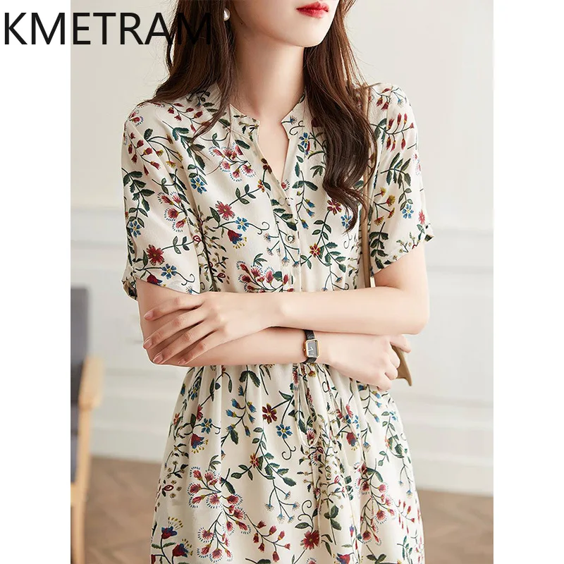 KMETRAM High-end Mulberry Silk Dress for Women 2024 Floral Dresses Summer V-neck Skirt Mid-length Women's Clothing New