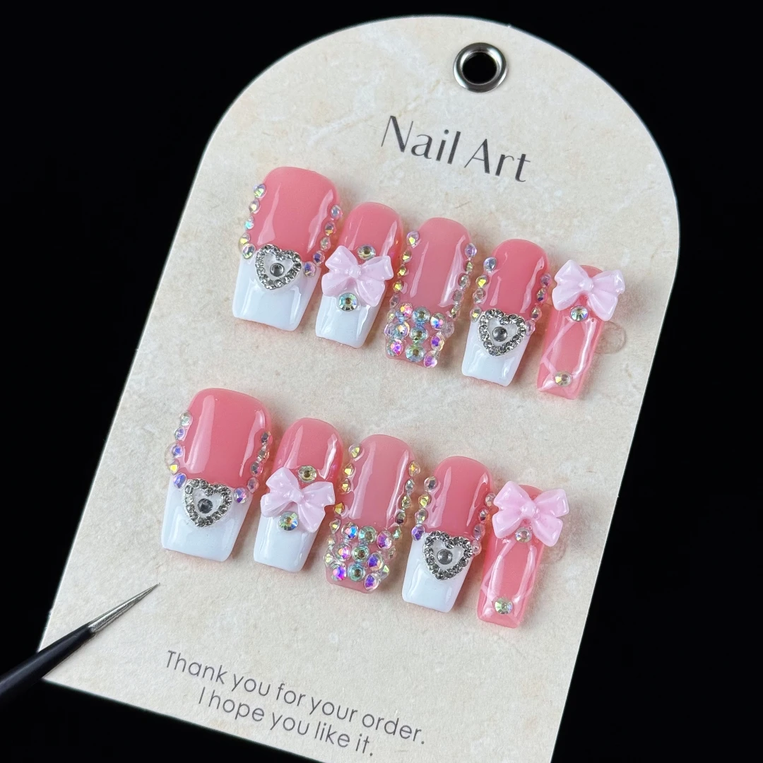 10pcs high-end Sweet girl style, hand-painted three-dimensional bow, hearts, dazzling multi-diamonds handmade fake nails