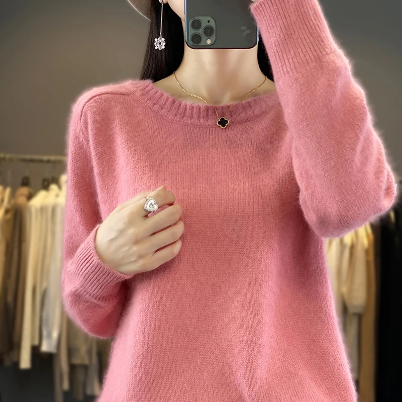 Round neck pure mink cashmere sweater for women's long sleeved warm spring and autumn loose knit pullover with solid color base