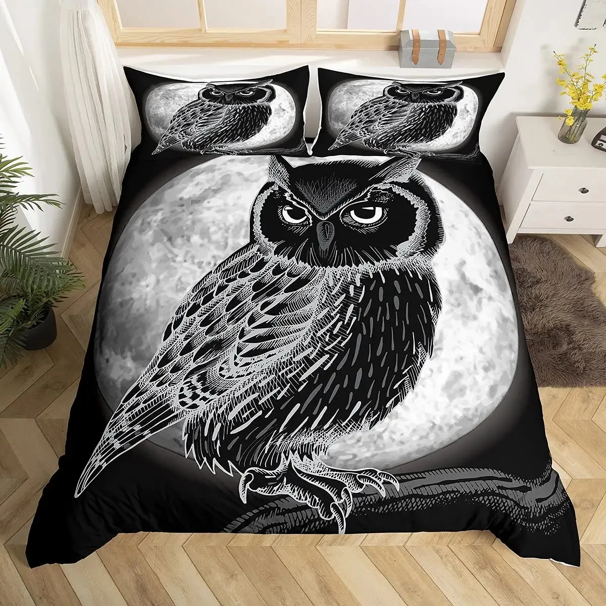 

Owl Duvet Cover Set 3D Boho Owl Bedding Set Boho Exotic Style Comforter Cover Moon Safari Bird Animal Print Quilt Cover Queen