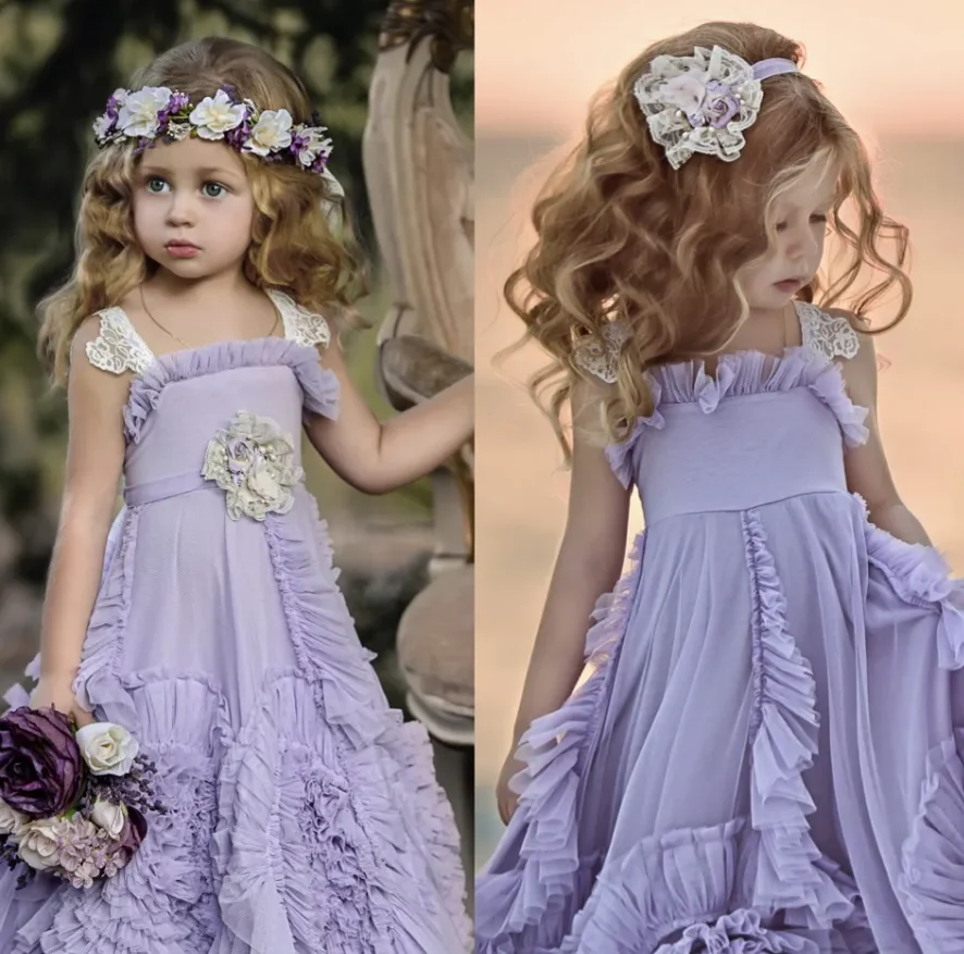 New Bohemian Lavender Flower Girl Dress for Wedding A-Line Girls Birthday Dress Party Gown Baby Prom Dress