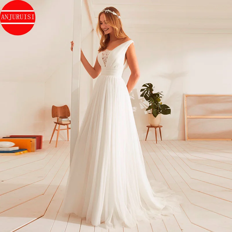 

Beach Wedding Dress For Brides Lace Tulle A-Line V-neck Sleeveless Sweep Train Belt Boho Robe De Mariée