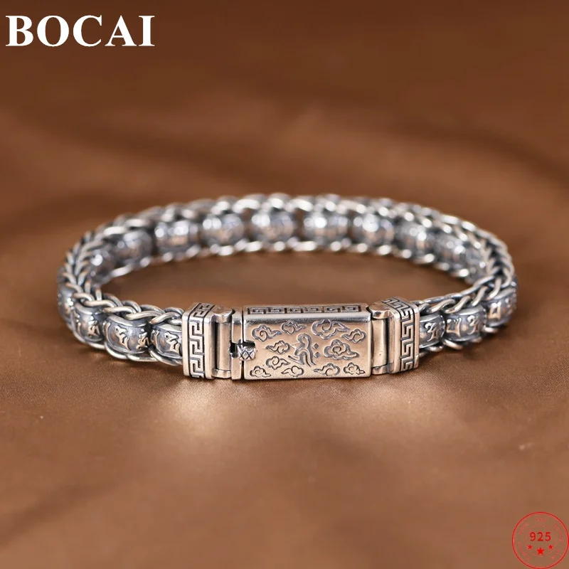 

BOCAI S925 Sterling Silver Bracelets for Men New Fashion Auspicious Cloud Six Character Mantra Prayer Wheel Free Shipping