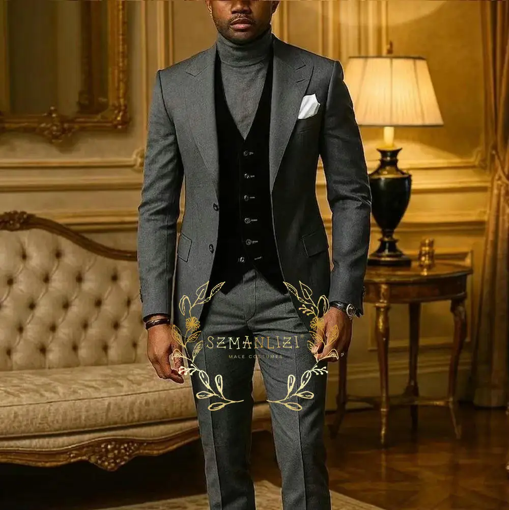 

Handsome Dark Grey Men's Suit 3-piece Groom Wedding Tuxedo Jacket Pants Black Velvet Vest Customized Formal Blazer for Male