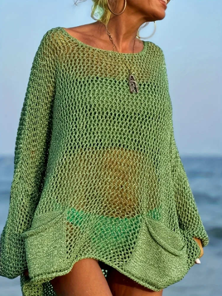 Europäische und amerikanische Übergrößen-Strandbluse für Damen im Urlaubsstil – sexy, ausgehöhltes Strick-Oberteil mit Taschen für Frauen – Detail 9