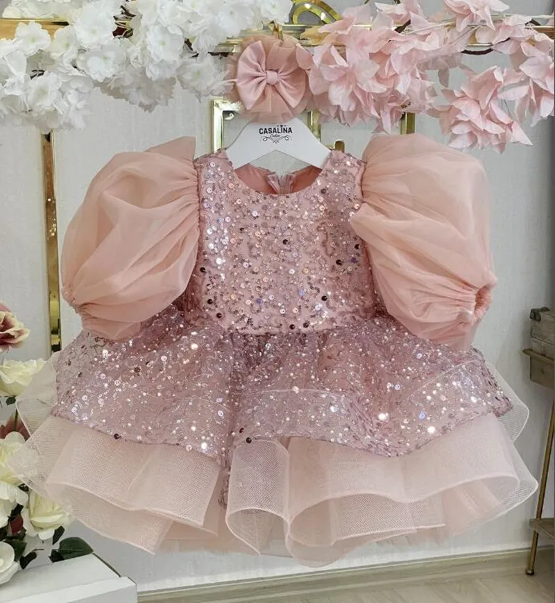 Knee-length Blush Sequin Fabric Baby Girl Dress Toddler Fluffy Glittery Tutu Flower Girl Dress Christmas Gown