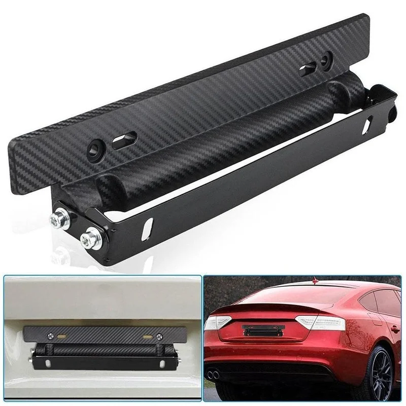 Universal Carbon Fiber Pattern Car Racing License Plate Frame Holder Bracket Adjustable Rod Splitter Strut Tie Bar Support