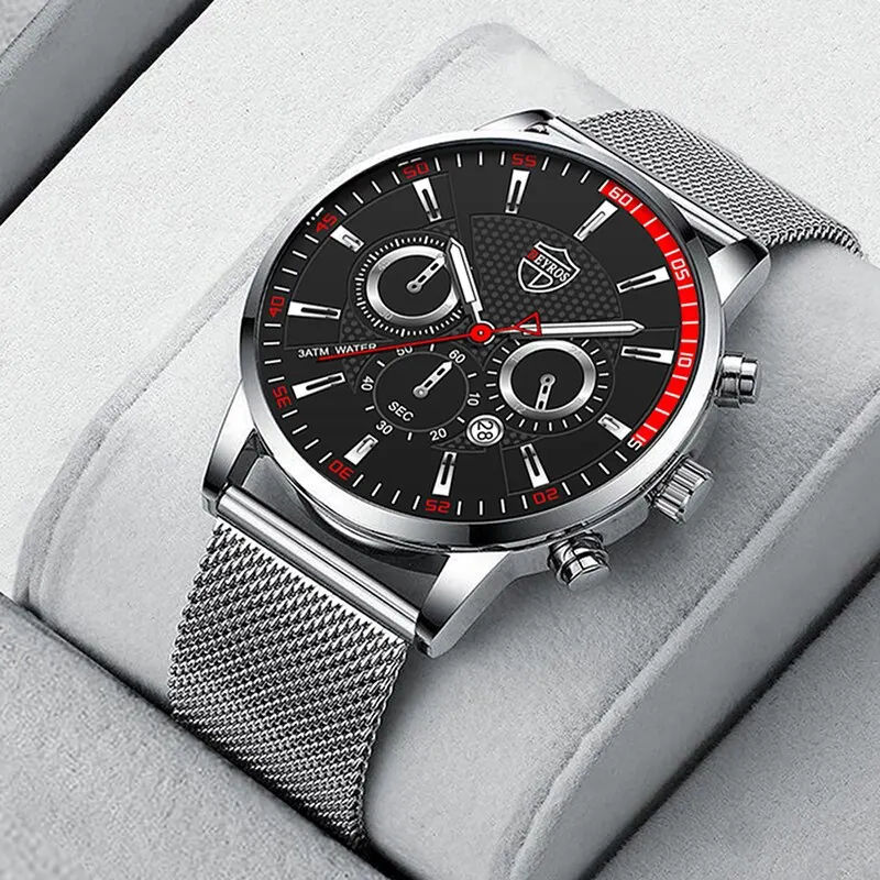 Mens Fashion Sports Watches Men Business Casual Quartz Wrist Watch Luxury Silvery Mesh Belt Watch