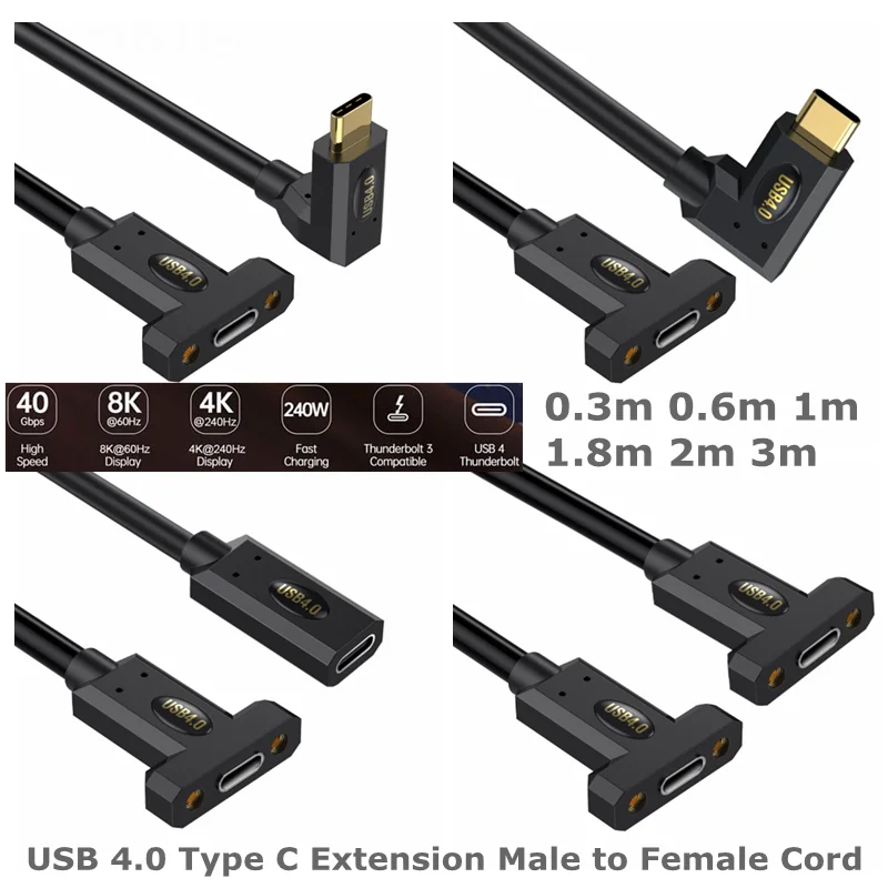 30cm-300cm 90-Degree Angle USB 4.0 Type C Male to Female Extension Cable,40Gbps 240W 5A PD Charging, 8K@60Hz 4K@240Hz Video