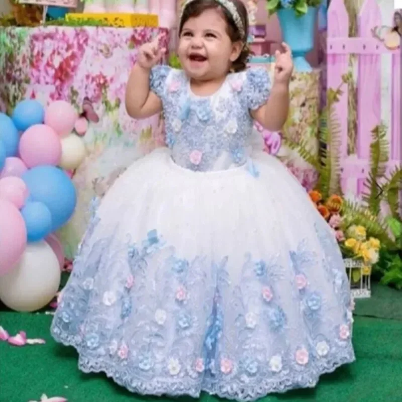 Cute Flower Girl Dress Bow Tiered Tulle Appliques Short Sleeves Baby Girl Kids Wedding Birthday Party Prom Holiday Dress