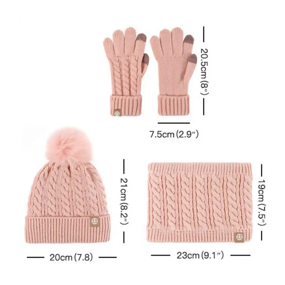 Pompom Beanie topi rajut anak 5-12 tahun, penutup leher tebal musim dingin luar ruangan tahan angin 3 buah Set