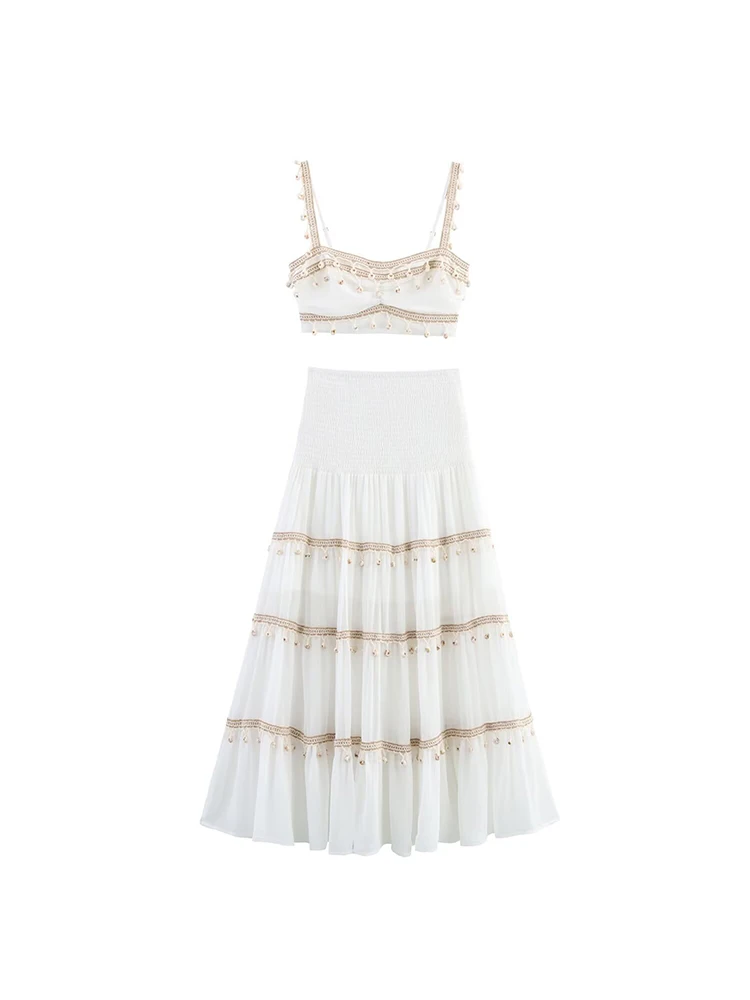 

Summer French romantic holiday style beaded decoration contrast color rope braided camisole top high waist midi skirt