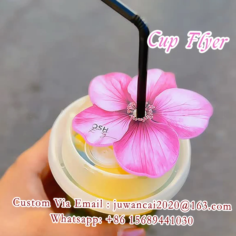 Custom Pink Flower Flyer Cards for Cup Decoration Die Cut Flower Shaped  with Logo and Qr code Loyalty Cards for Promotional