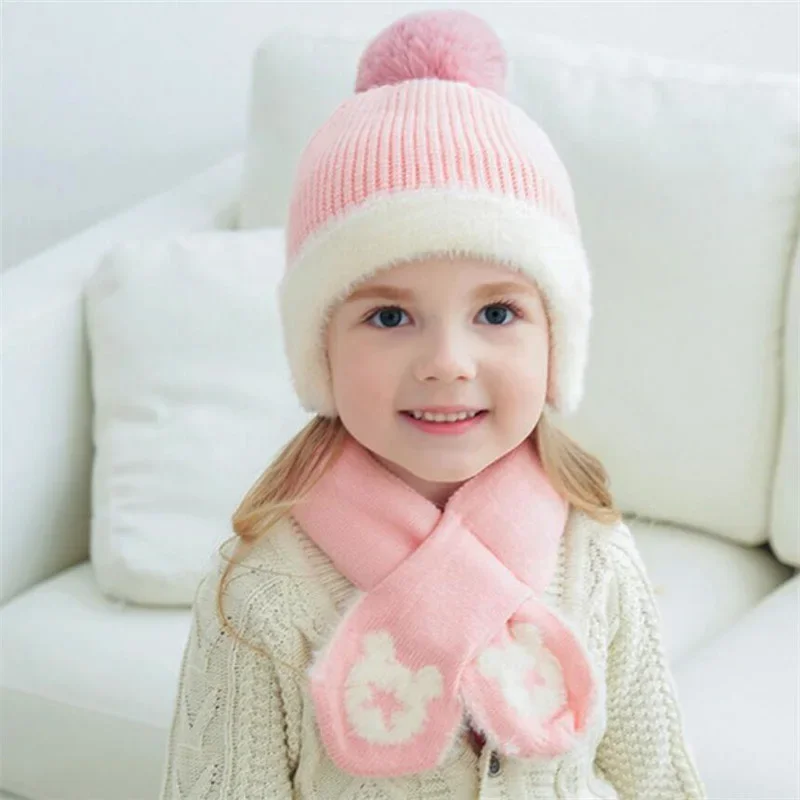 Kids Winter Hat And Scarf Baby Warm Ribbed Kint Hat Set Child 2019 Girls Boys Cotton Lnner Layer Ear Protection Cap Scarves 1-6T