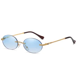 Gafas de sol ovaladas Retro sin montura para hombre, espejo azul, gafas masculinas de Metal dorado, redondas sin marco para mujer UV400