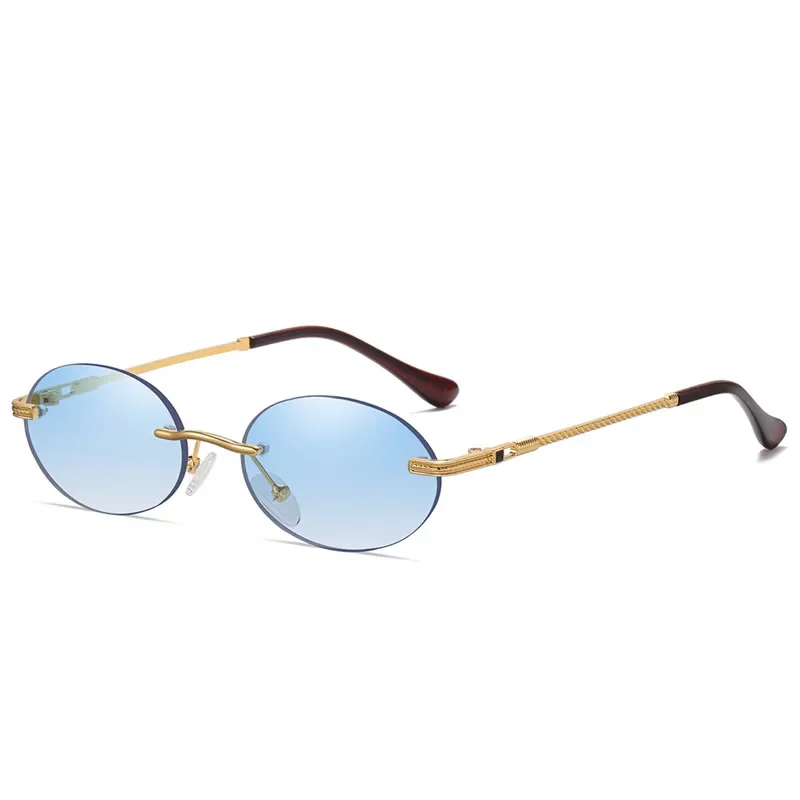 Retro owalne okulary przeciwsłoneczne bez oprawek męskie niebieskie lustrzane złote metalowe męskie okulary okrągłe bezramkowe damskie UV400