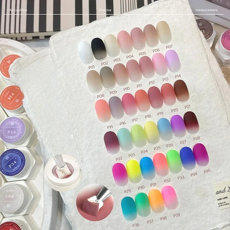 39-Farben Air Cushion Patting Gel, hochsättigendes Blush-Gradient-Ombre-Nagelkunstgel, kein Reinigen erforderlich, UV-LED-härtender, ablösbarer Nagellack – Detail 9