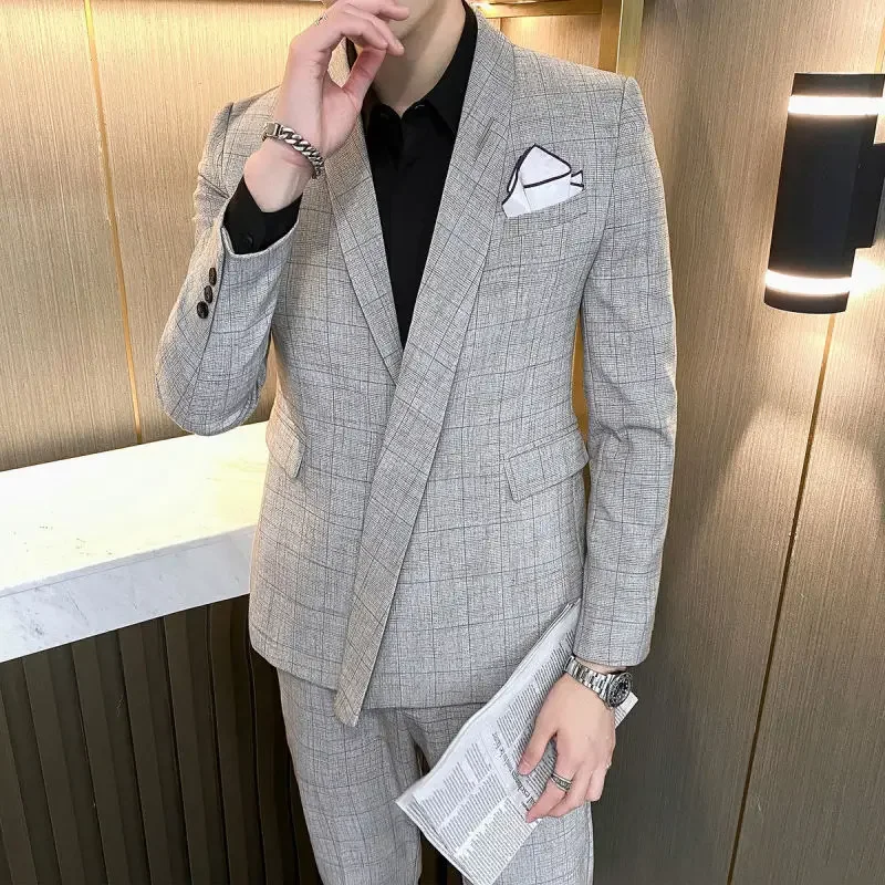 

Asymmetry Blazer Spring Blazer High Quality Personalized Lattice Suit Wedding Dress Two Piece Men Tuxedo Suit Smoking Uomo