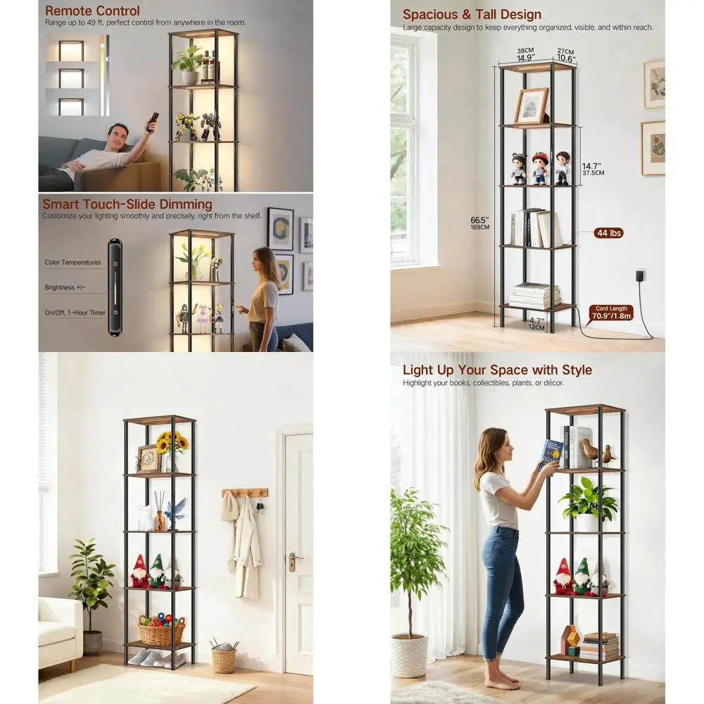 

5-уровневые высокие полки с LED-подсветкой, сенсорным и дистанционным управлением, регулировкой яркости, 3 цветовыми температурами, таймером для домашнего декора