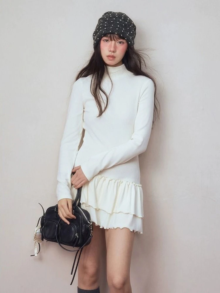 Estilo japonês Harajuku Y2K menina picante gola alta slim fit vestido de manga comprida outono e inverno nova tendência vestido em camadas emo