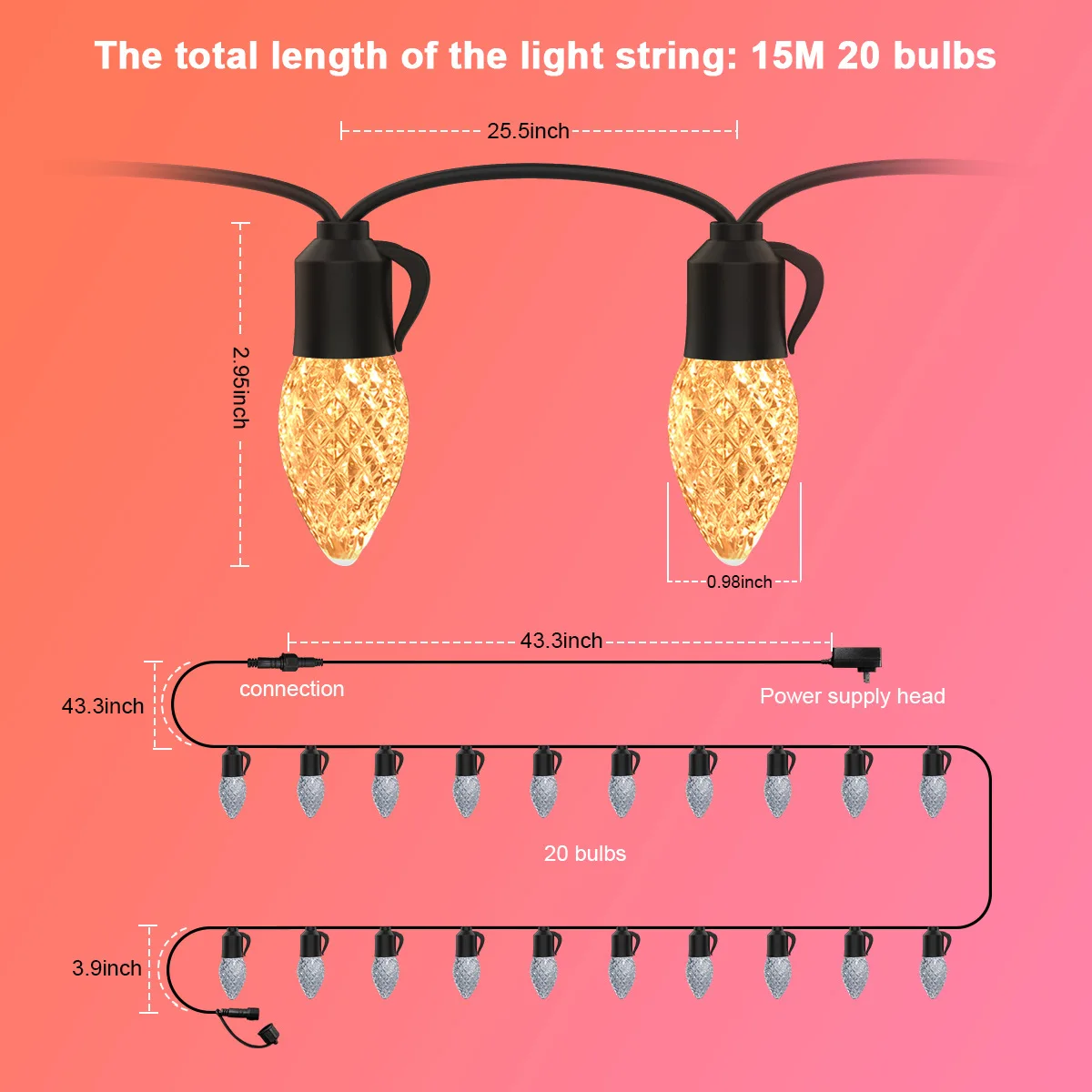 PALONE LED 15m Light Strips 20 Round Bulbs Warm Lighting Romantic Camping Home Party Decorate Atmosphere Hanging String Light