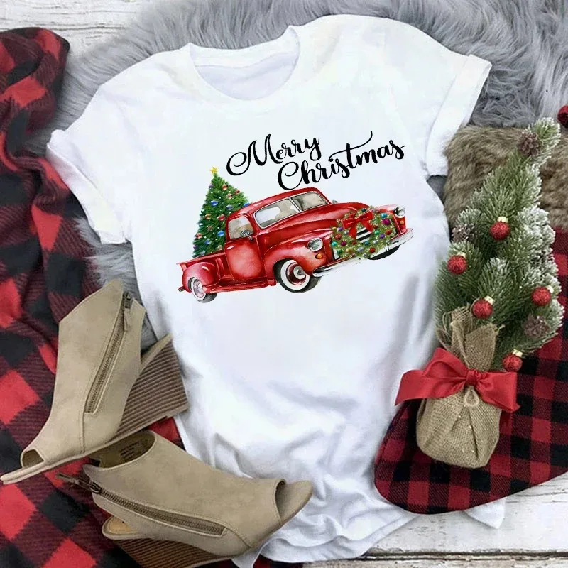 

Truck Snowman Family Christmas T-Shirt Women's Short Sleeve Cute Casual Top Cartoon Snowman with Santa Hat Print