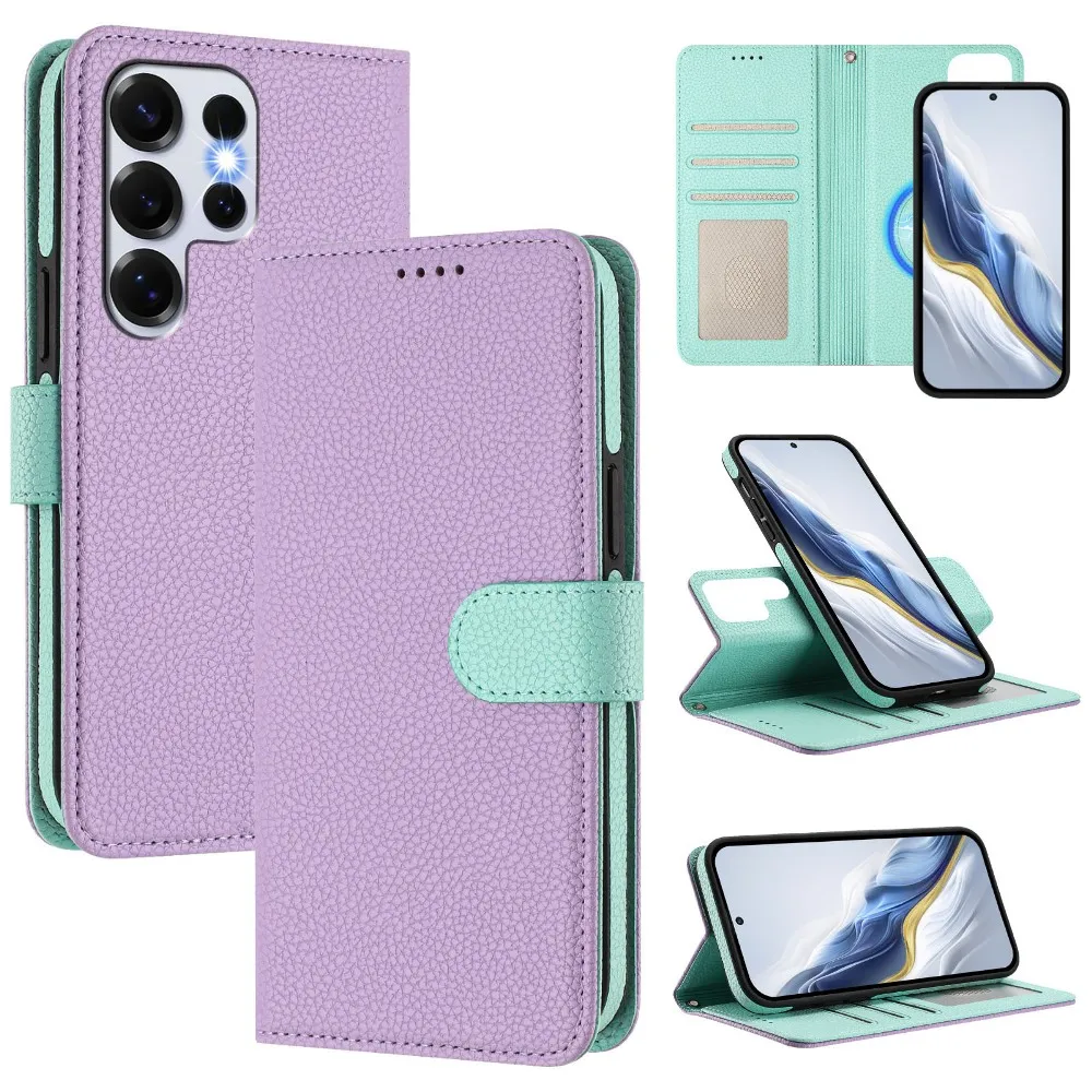 

2 in 1 Detachable Solid Color Litchi Pattern Flip Phone Cover for Samsung Galaxy S22 S23 S24 Plus S25 Ultra with Wrist Strap