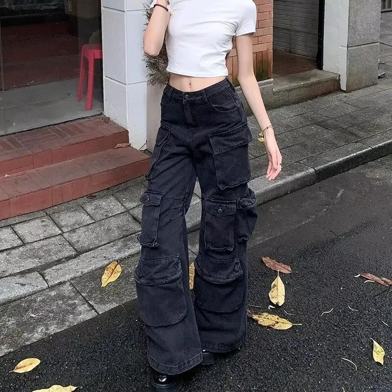 Japanese Harajuku Hip-hop Flare Denim Pants Women Y2K 2000s Aesthetic High Waist Gothic Punk Vintage Streetwear Jeans Fashion