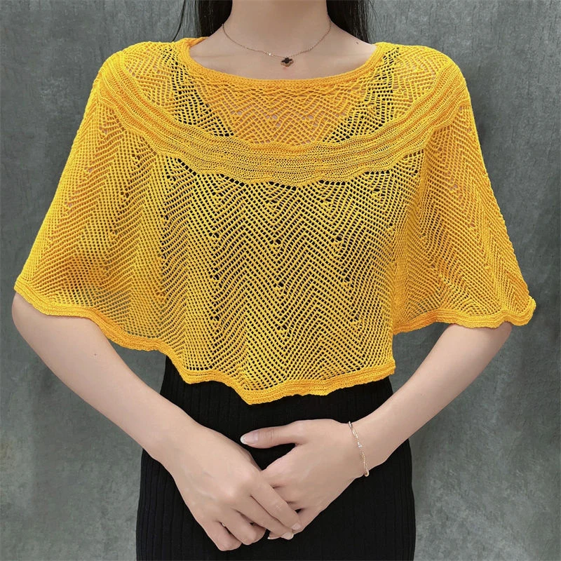 Korean Ice Silk Hollow Knit Sunscreen Shawl Female Summer Air Conditioning Neck Protection Pullover Knit Blouse Women\'s Cape V35