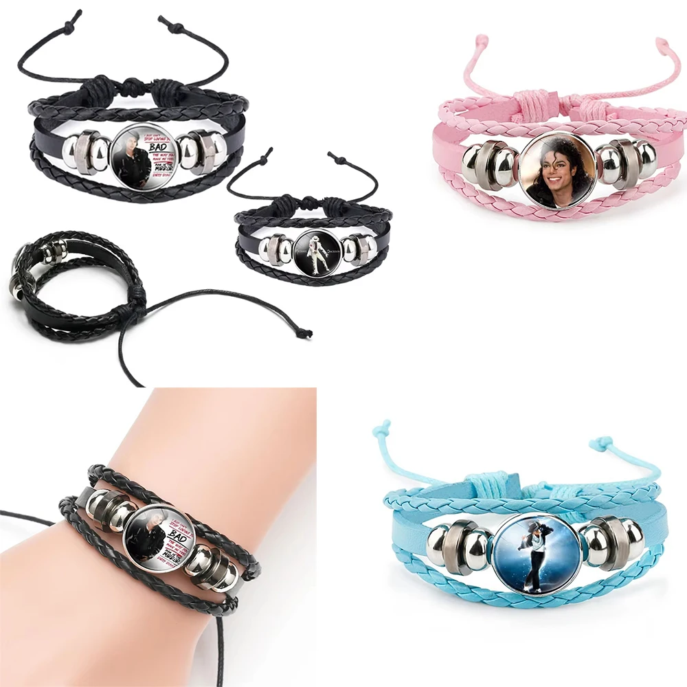 Pulsera de Cuero con Gema del Tiempo de Michael Jackson, Pulsera de Cuerda Trenzada Vintage para Hombre y Mujer, Regalo de Joyería para Fans del Rey del Pop MJ