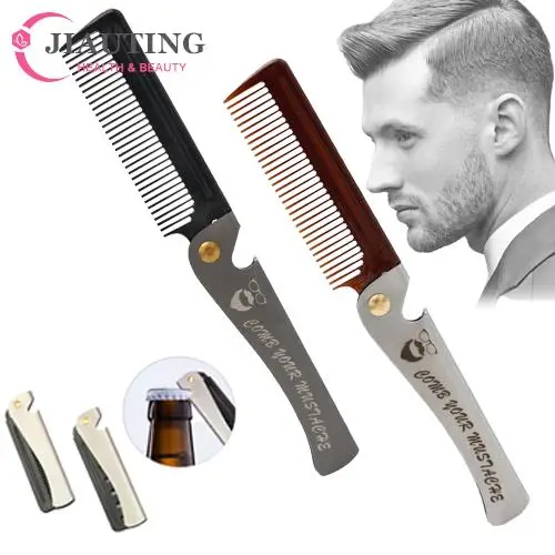 

Men Folding Retro Oil Head Comb Portable Stainless Steel Comb Hairdressing Styling Round Teeth Comb Bottle Opener Dual Purpose