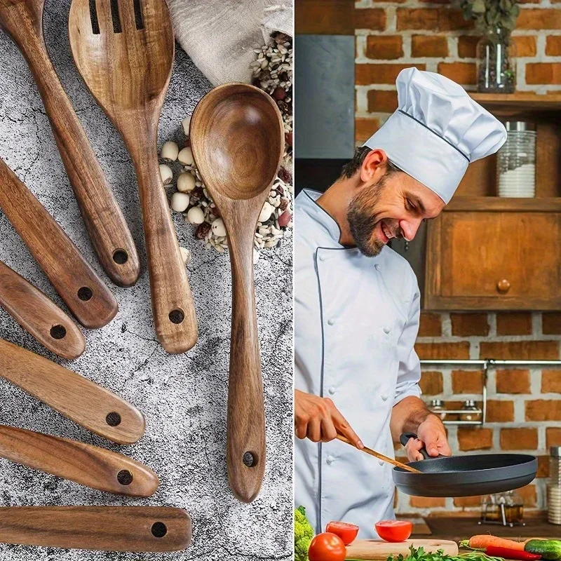 8pcs Natural Teak Wooden Spoons for Cooking Set of Kitchen Utensils for Durable Cooking Perfect for Back To School Supplies