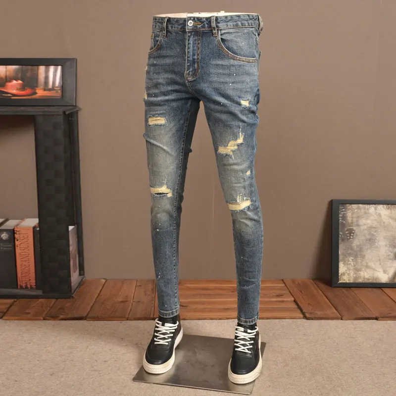 Retro Deep Blue Slim Fit Men's Jeans Y2KFashion Designer Elastic Pencil Pants Scratch Effect for Stylish Men