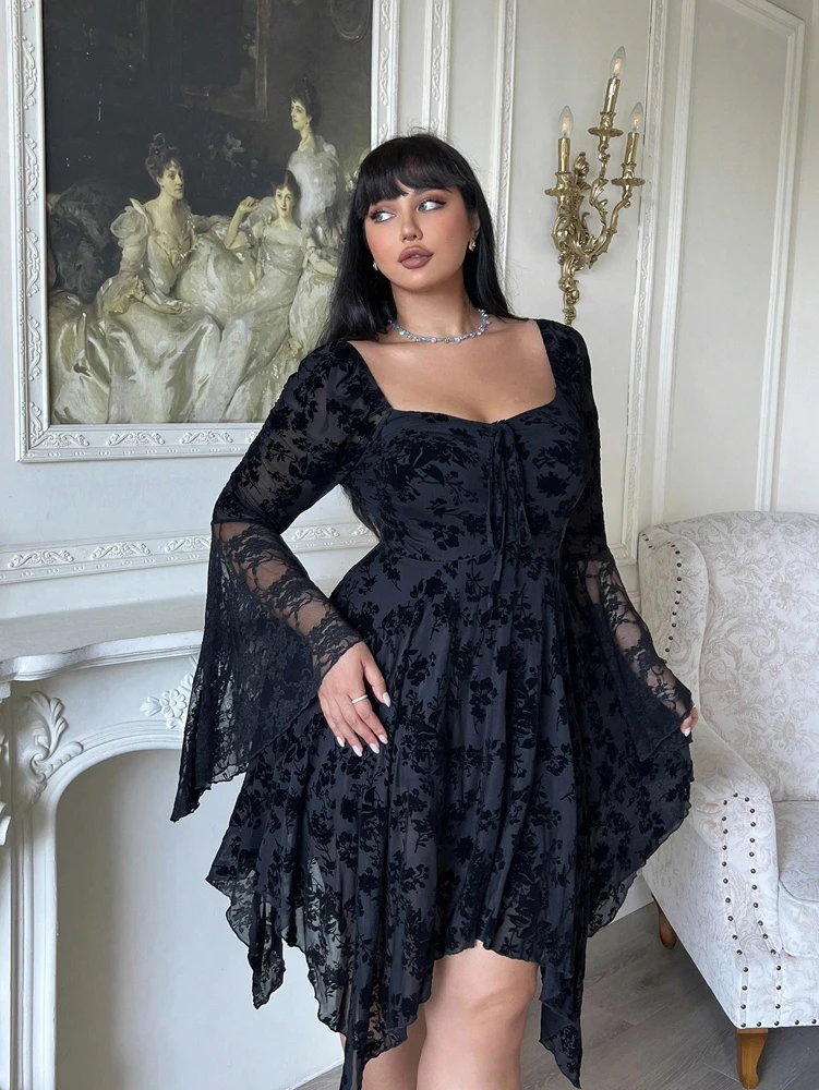 

Plus Size Y2K Velvet Jacquard Stretch Knit Drawstring Flared Sleeve Ruffle Large Size Hem Asymmetric Slim Dress