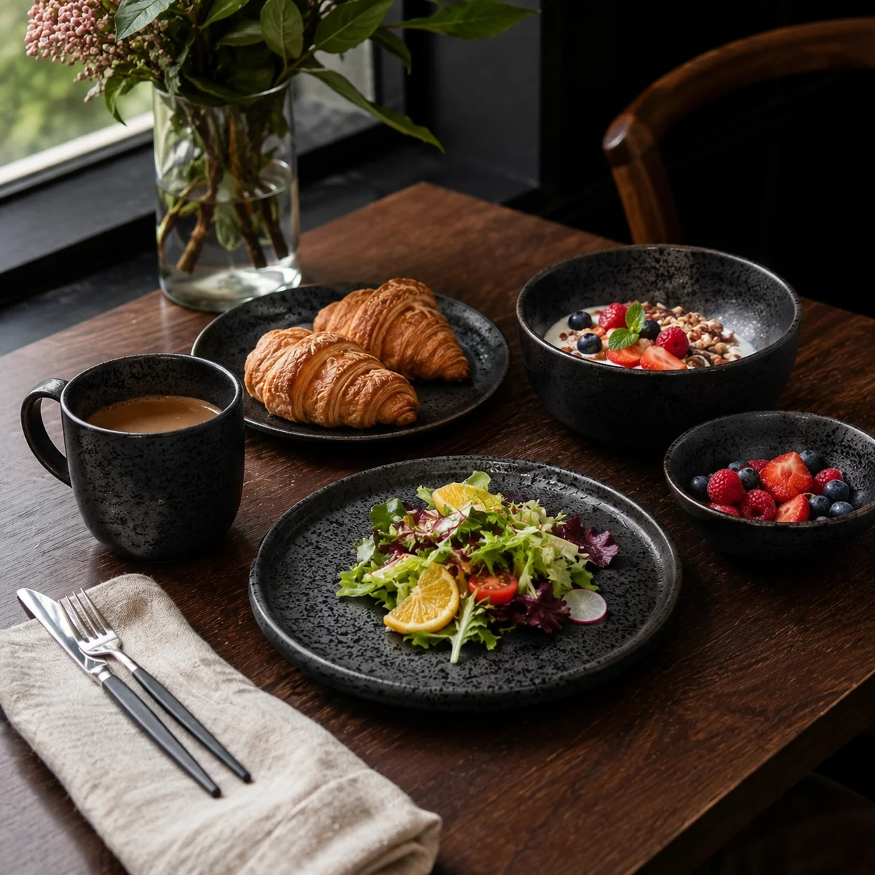 1Pc Black Speckled Stoneware Dinnerware Set, Vintage Matte Ceramic Dinner Plates, Soup Bowls, Household Kitchen Restaurant Breakfast Serving Tableware