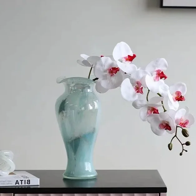 PYH blaue transparente Glasvase im chinesischen Stil, Retro-Spitzenblumenornament, Wohnzimmer-Eingangsbereich-Arrangement