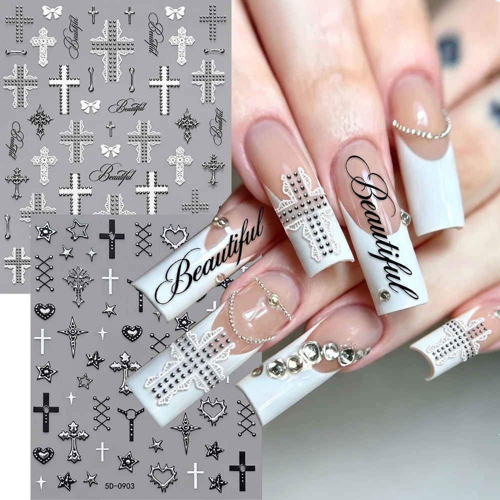 1/2 Stück Gothic Punk Kreuz Nagelaufkleber 5D Silber Spitze Kreuz Schleife Stern Herz Selbstklebende Nagelsticker für DIY Y2K Maniküre Nagelzubehör