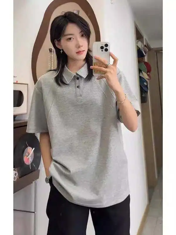 

Men's Pure Color Shirt Short Sleeve Flip Collar Summer OOTD Matching Couple's T-shirt American Style Boxy Half Sleeve Shirt