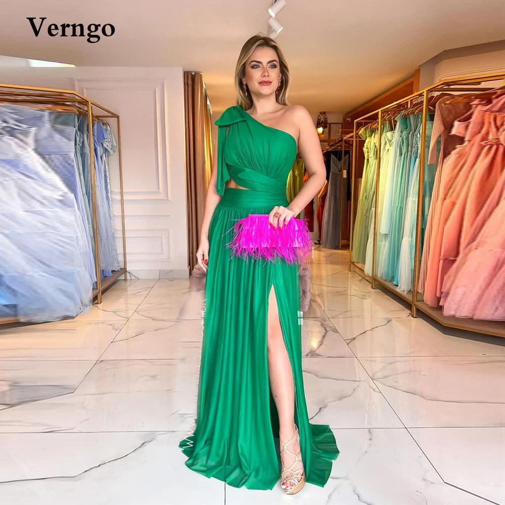 

Verngo A Line Green Satin Evening Dresses One Shoulder Bow Side Slit Evening Gowns Women Party Occasion Dress Robe de soiree