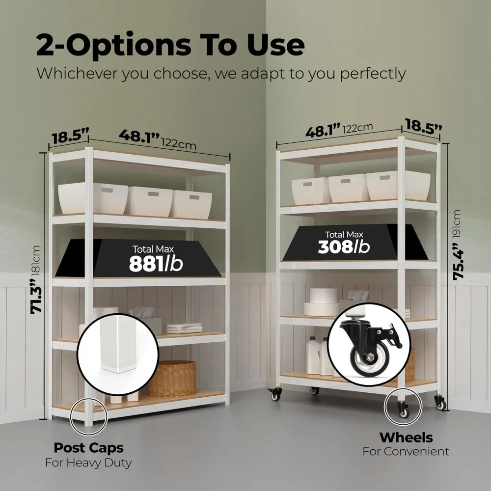 

House White 5-Tier Metal Boltless Rolling Cart Shelf Rack Casters Heavy Duty Wheel Shelving Unit Adjustable Storage Shelves Org