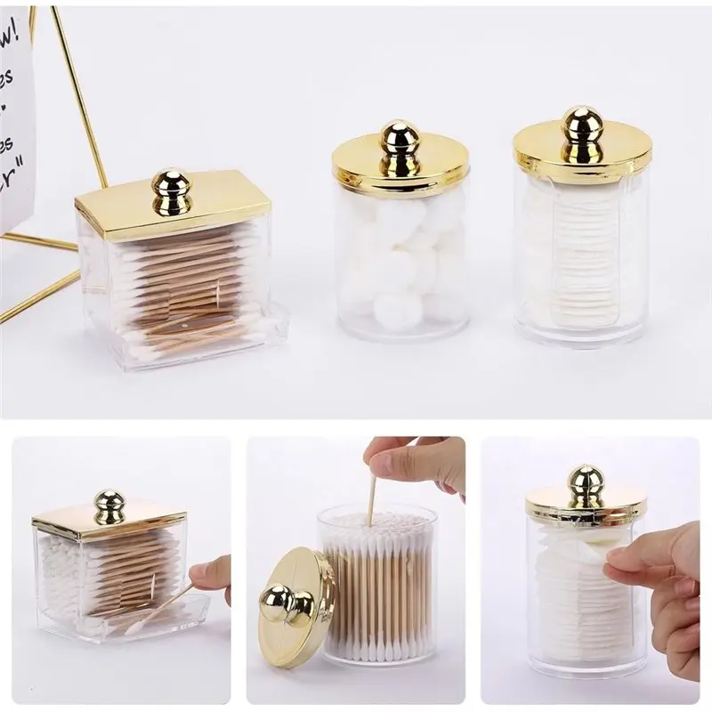 AWAH Plastic Chemical Container With Gold Lids-Qtips Dispenser 3-Pack-Eco-Friendly Bathroom Organizer And Storage Solution