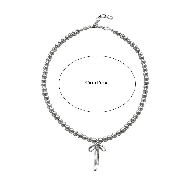 Vintage Korean Style Fashionable Graceful Bowknot Pendant Choker Necklace Gray Pearls Earrings Women Charm Jewelry Accessories